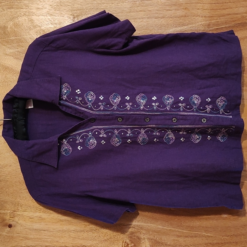 Capagallo Embellished Linen Blend Split Neck Blouse Purple Short Sleeve Size PL